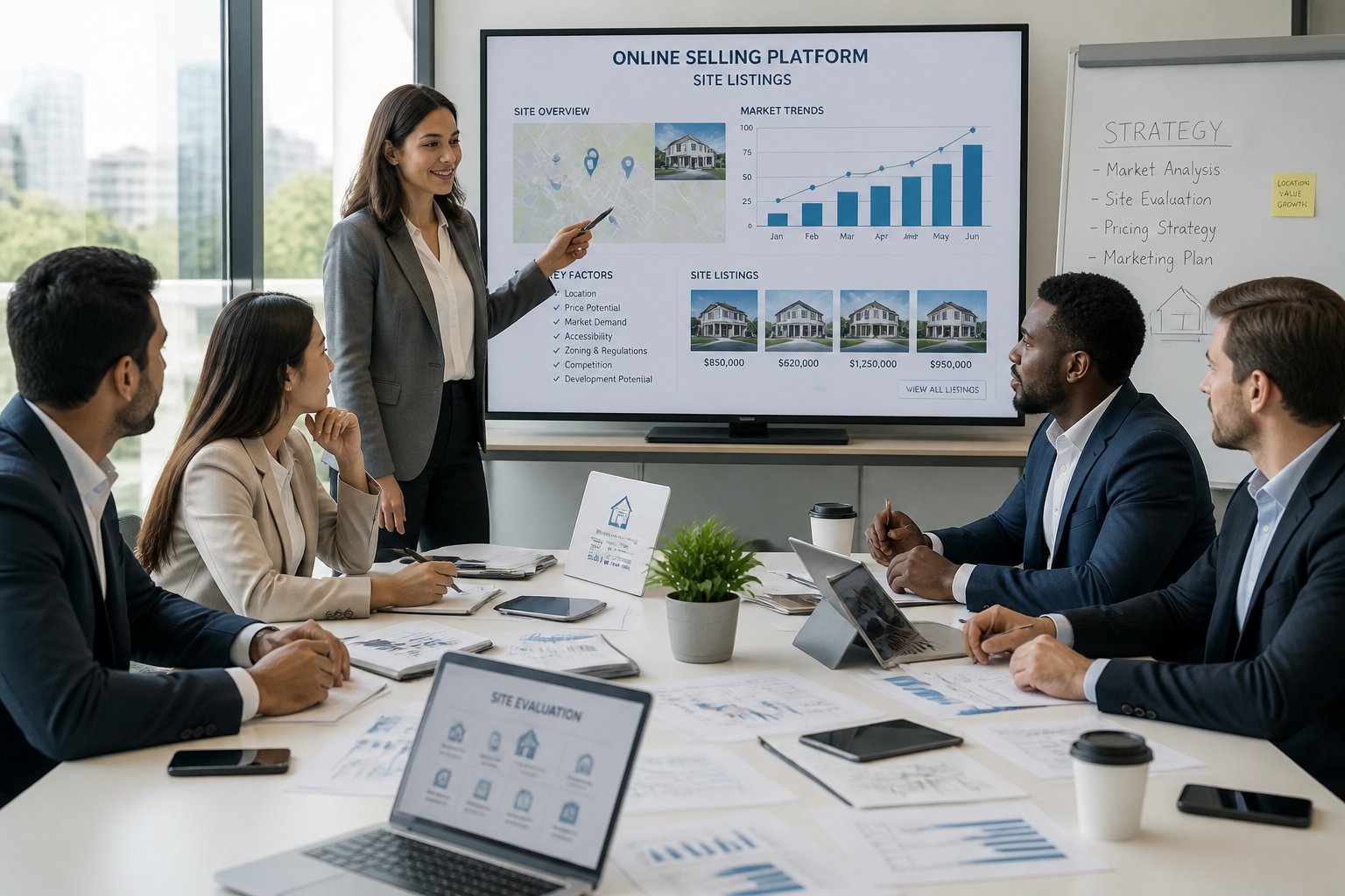 A group of business professionals discussing documents and laptops around a table in a bright office.