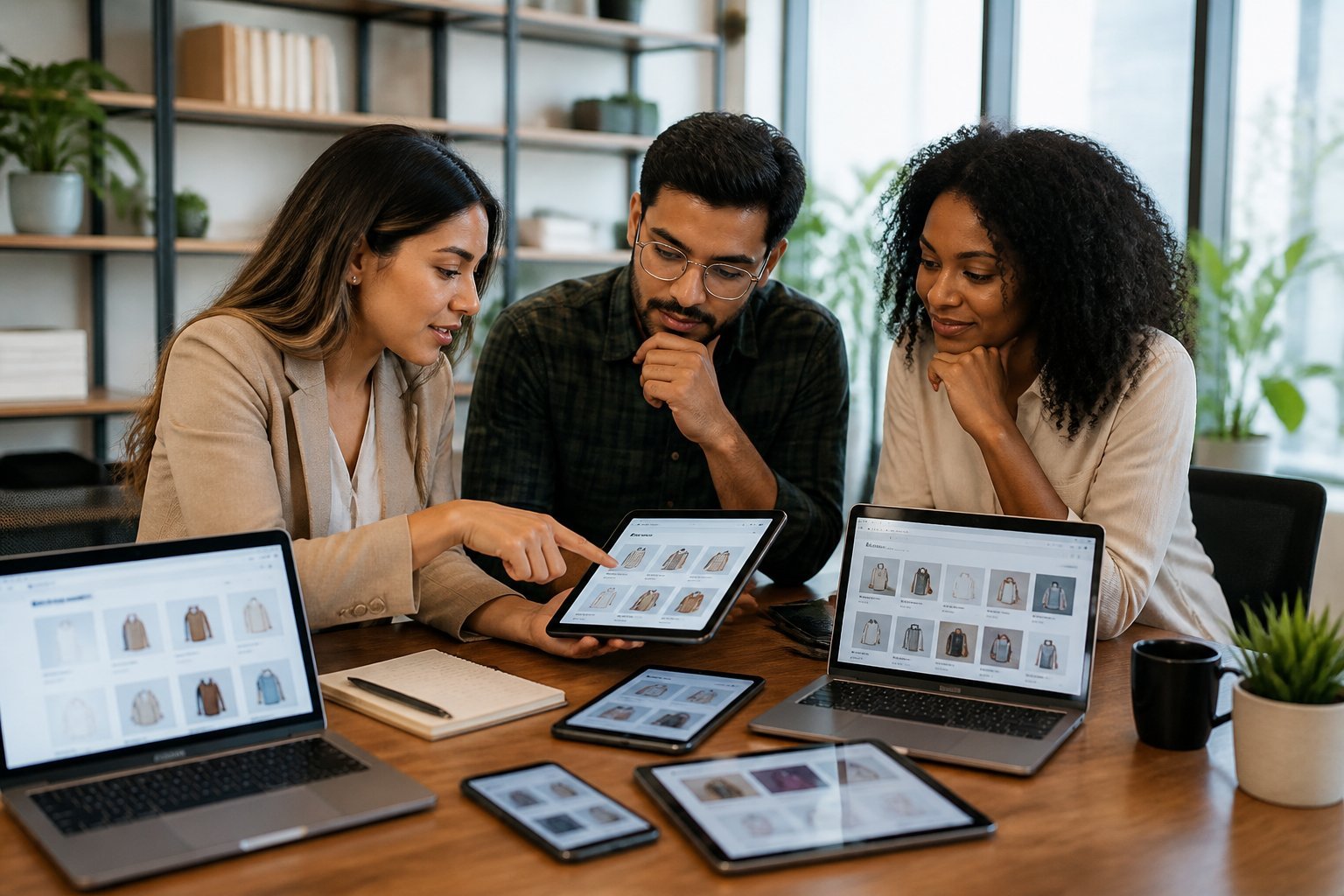 Three business professionals discussing online selling platforms around a table with laptops and tablets in a bright office.