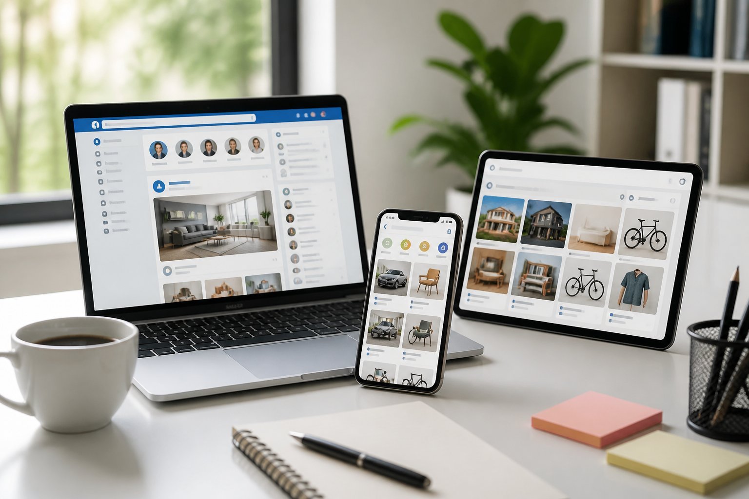 A workspace with a laptop, smartphone, and tablet displaying various online platforms for free advertising.