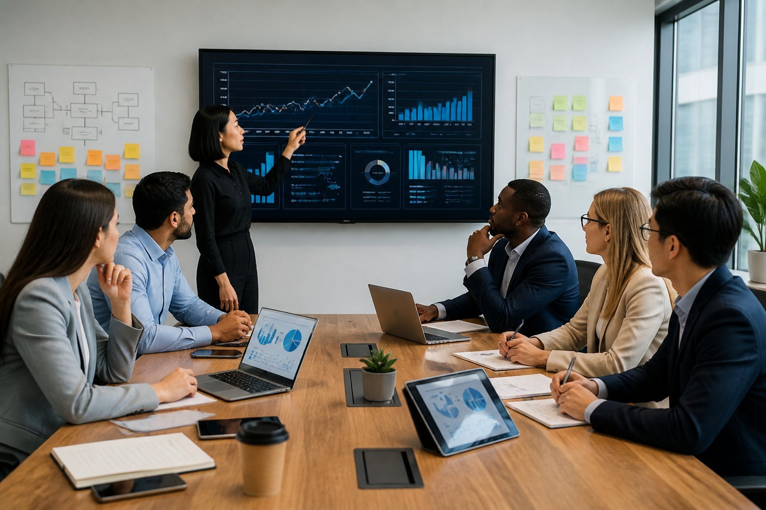 A group of business professionals in a meeting room discussing online advertising strategies with laptops and a large screen showing data charts.