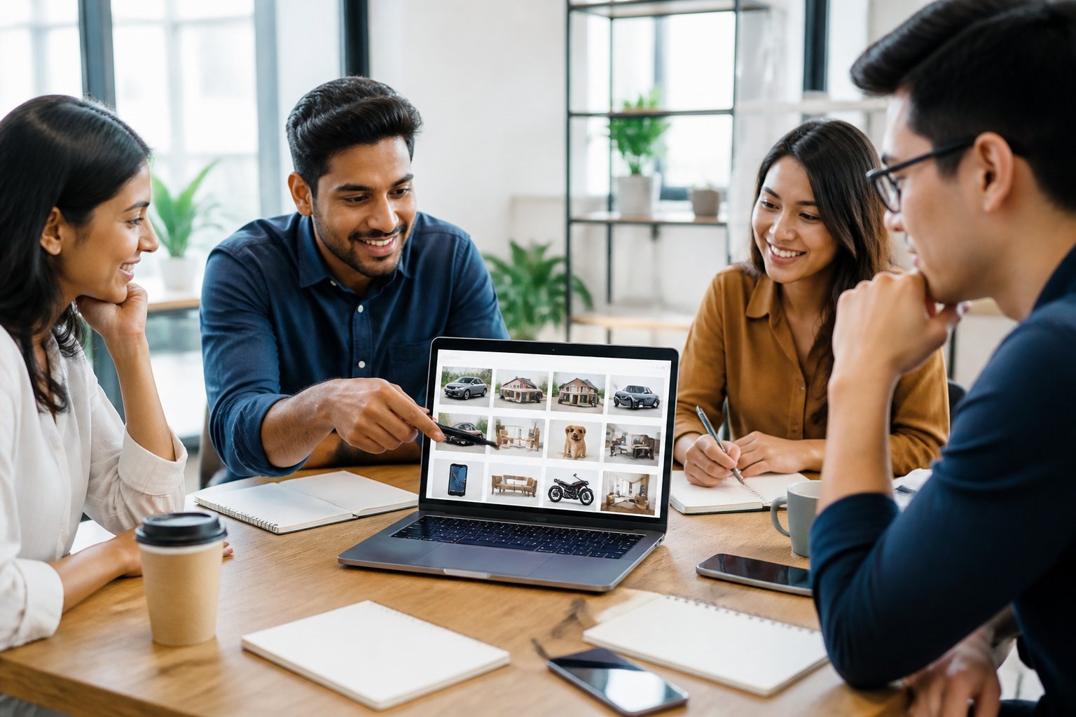 People working together around a laptop in a bright office, viewing multiple classified ads websites.