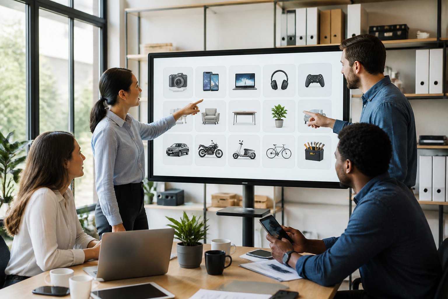 A group of professionals collaborating around a large digital touchscreen displaying categorized ads in a bright office setting.