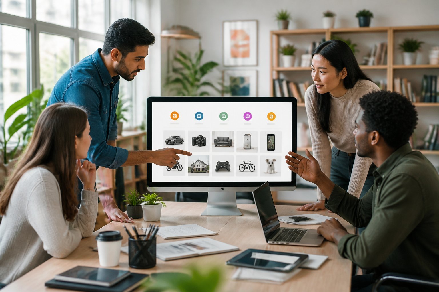 A group of diverse professionals collaborating around a computer displaying a website interface for free ads in a bright office.