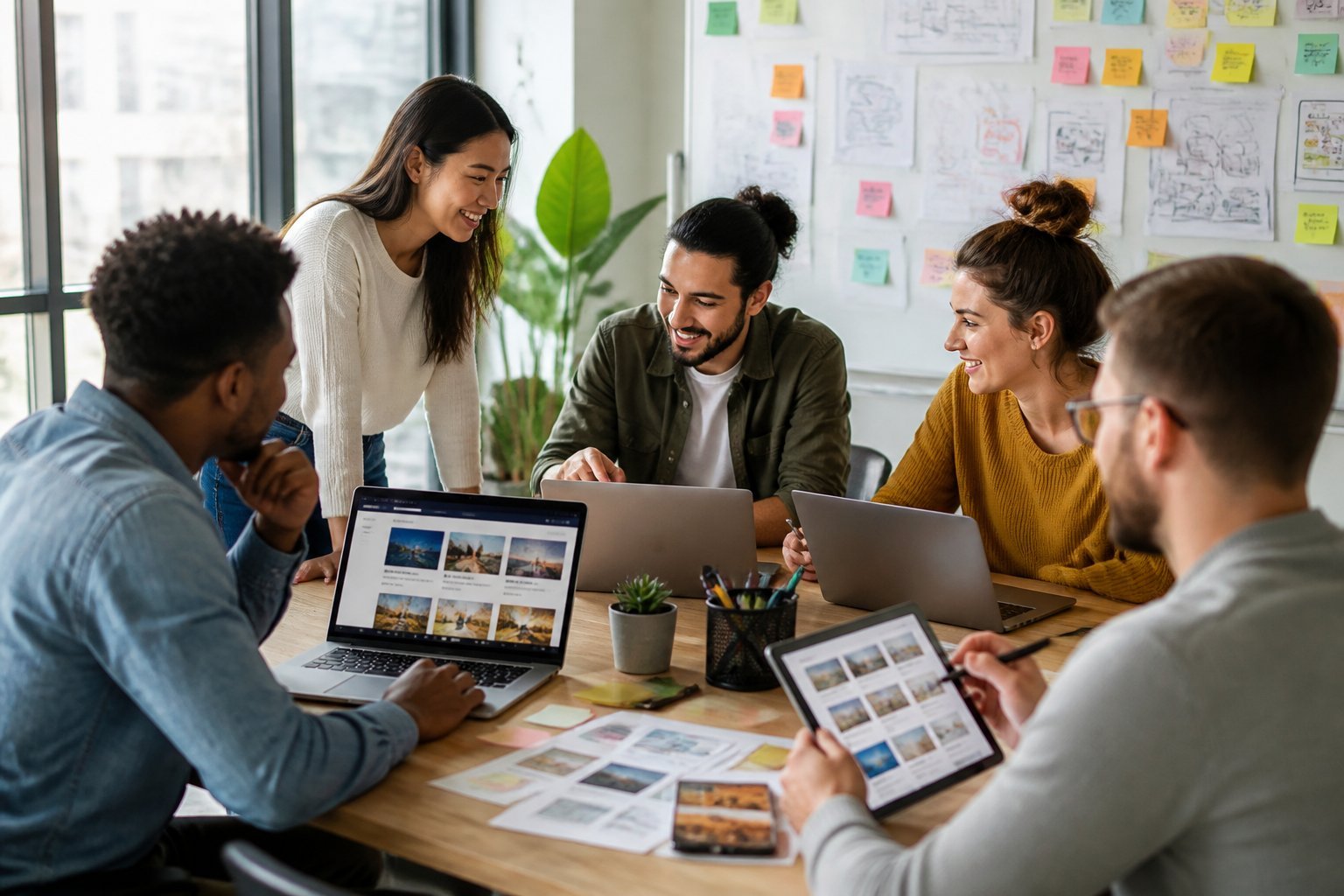 A group of professionals collaborating around a table with laptops and devices in a bright office space.