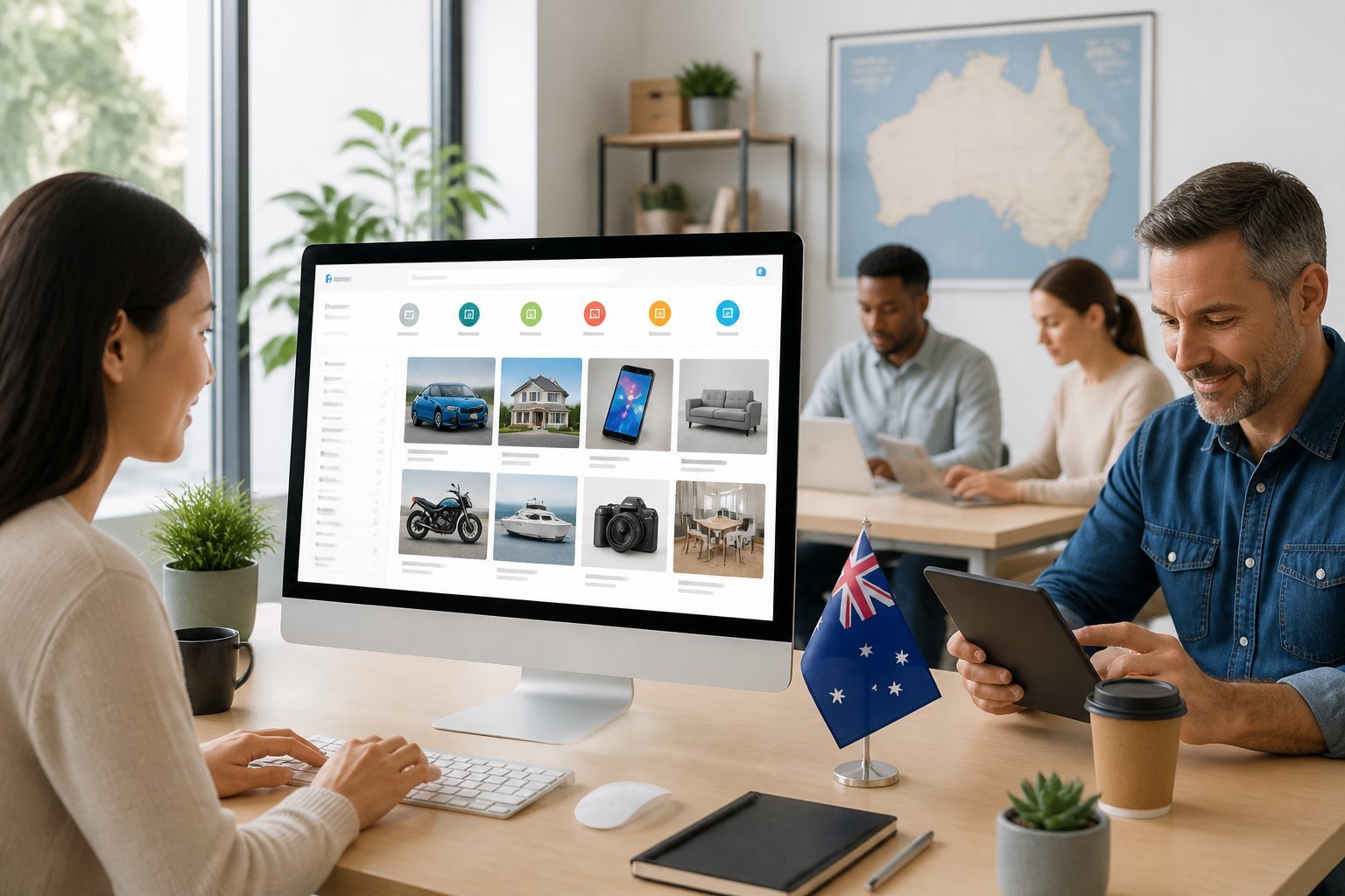 People browsing an online marketplace website on computers and tablets in a bright office with Australian-themed decor.