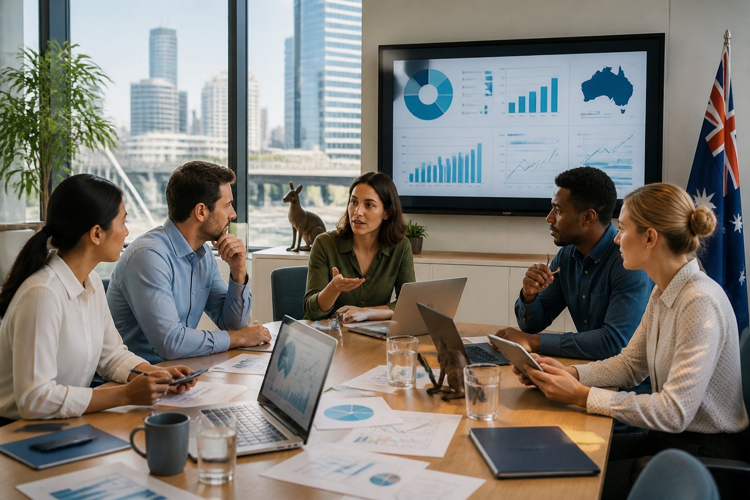 A group of business professionals collaborating around a table with laptops and charts in a modern office overlooking an Australian city.