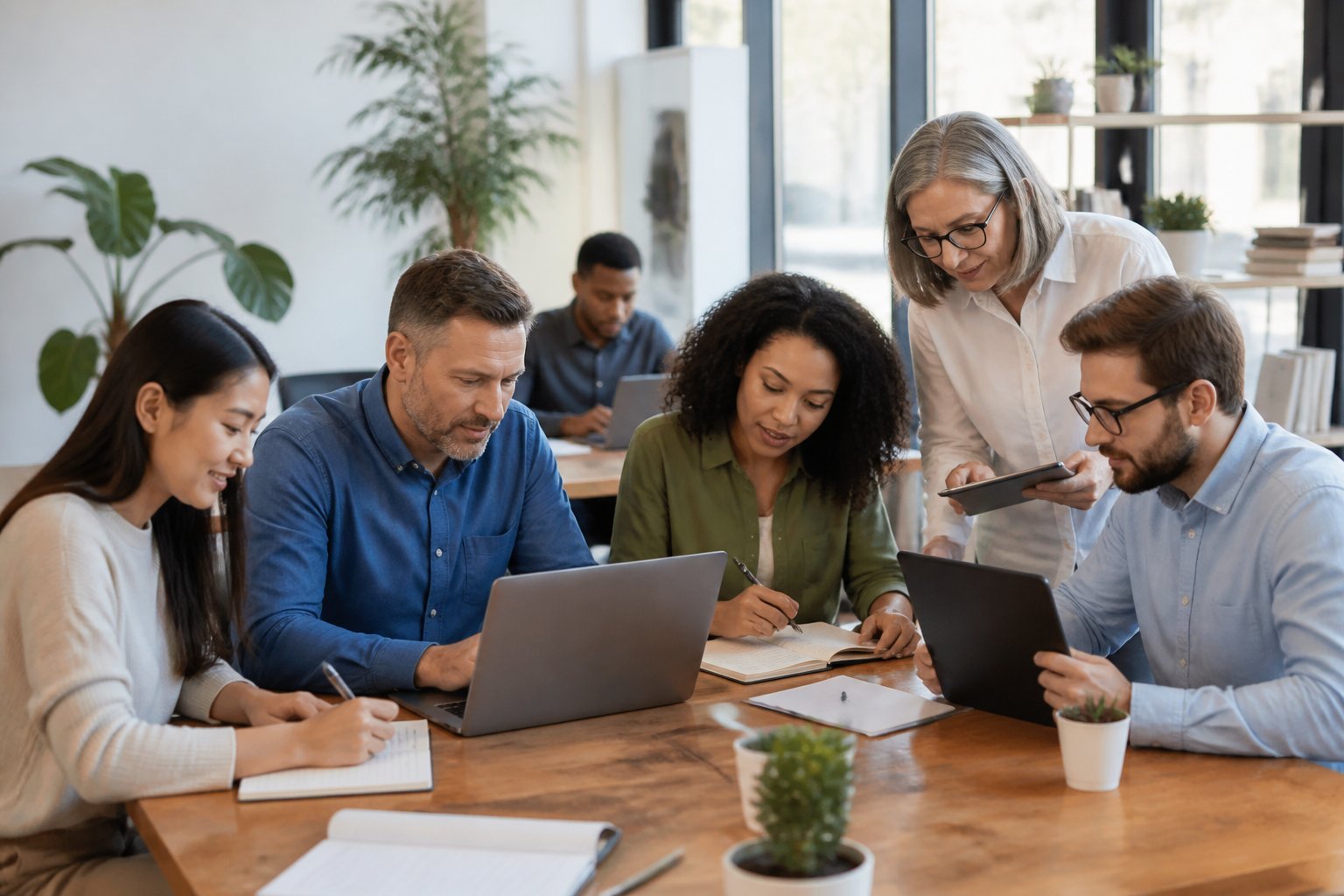 A group of diverse people working together in an office, writing and reviewing personal advertisements.