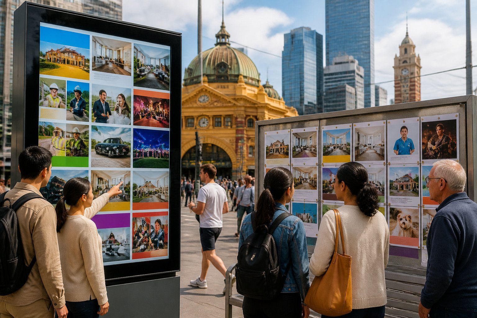 People browsing various classified advertisements displayed on digital and physical boards in a busy Melbourne city area with iconic buildings in the background.