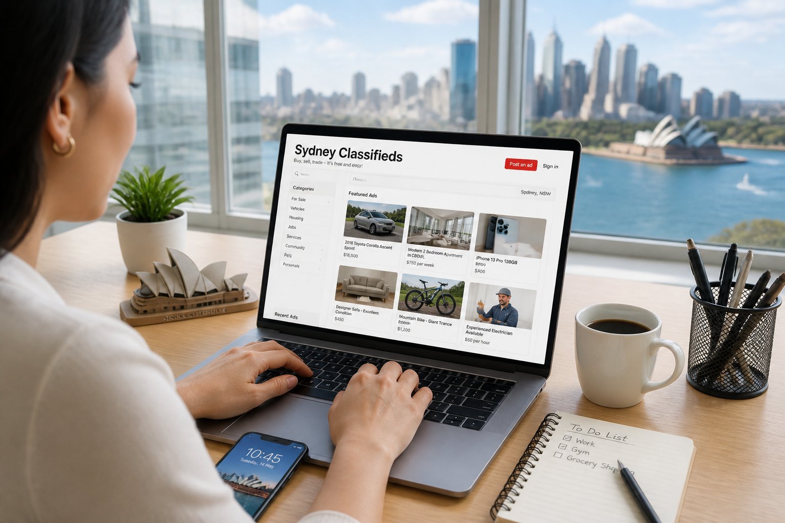 Person using a laptop in a home office with a view of the Sydney skyline and a Sydney Opera House model on the desk.