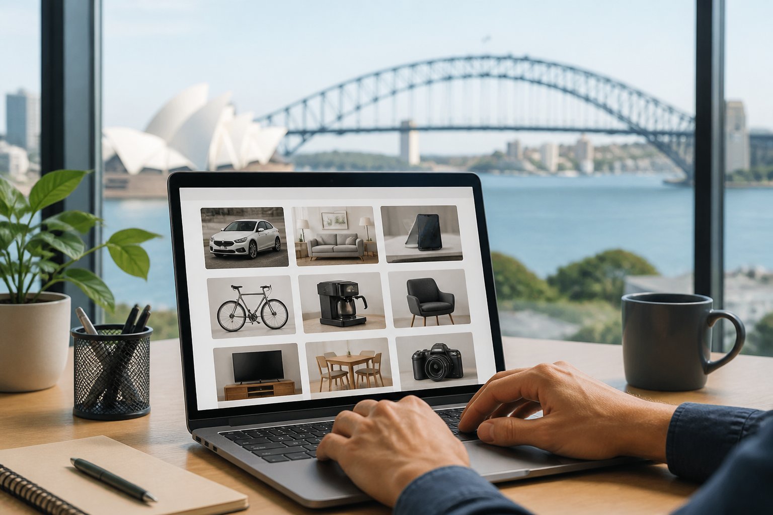 A person using a laptop at a desk with a blurred view of Sydney landmarks in the background, browsing classified ads for buying and selling items.