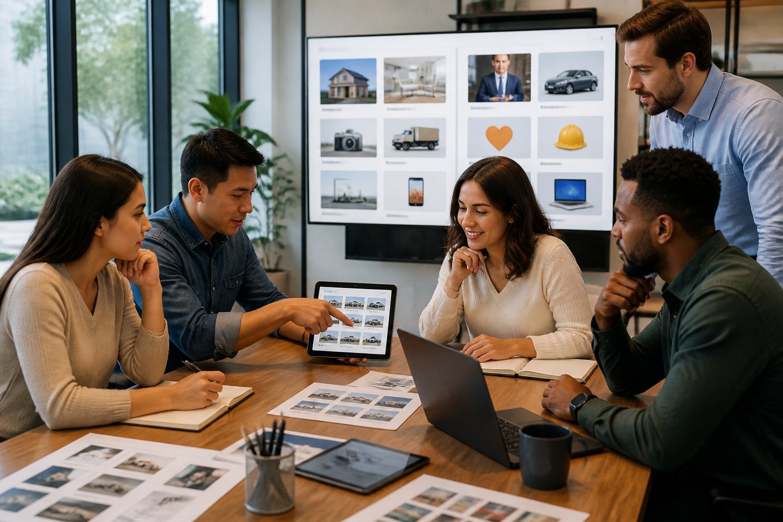 People working together around a table with electronic devices and printed materials showing ads and classified listings on a screen in a bright office.