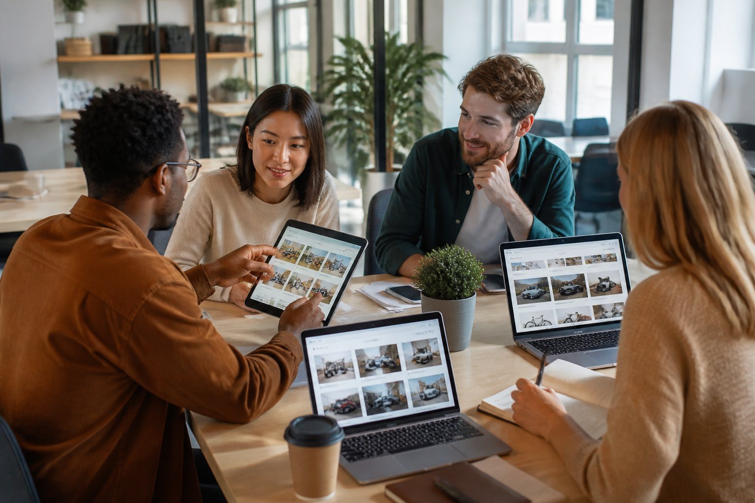 A group of professionals working together around a table with laptops and tablets displaying online classified ads in a bright office.