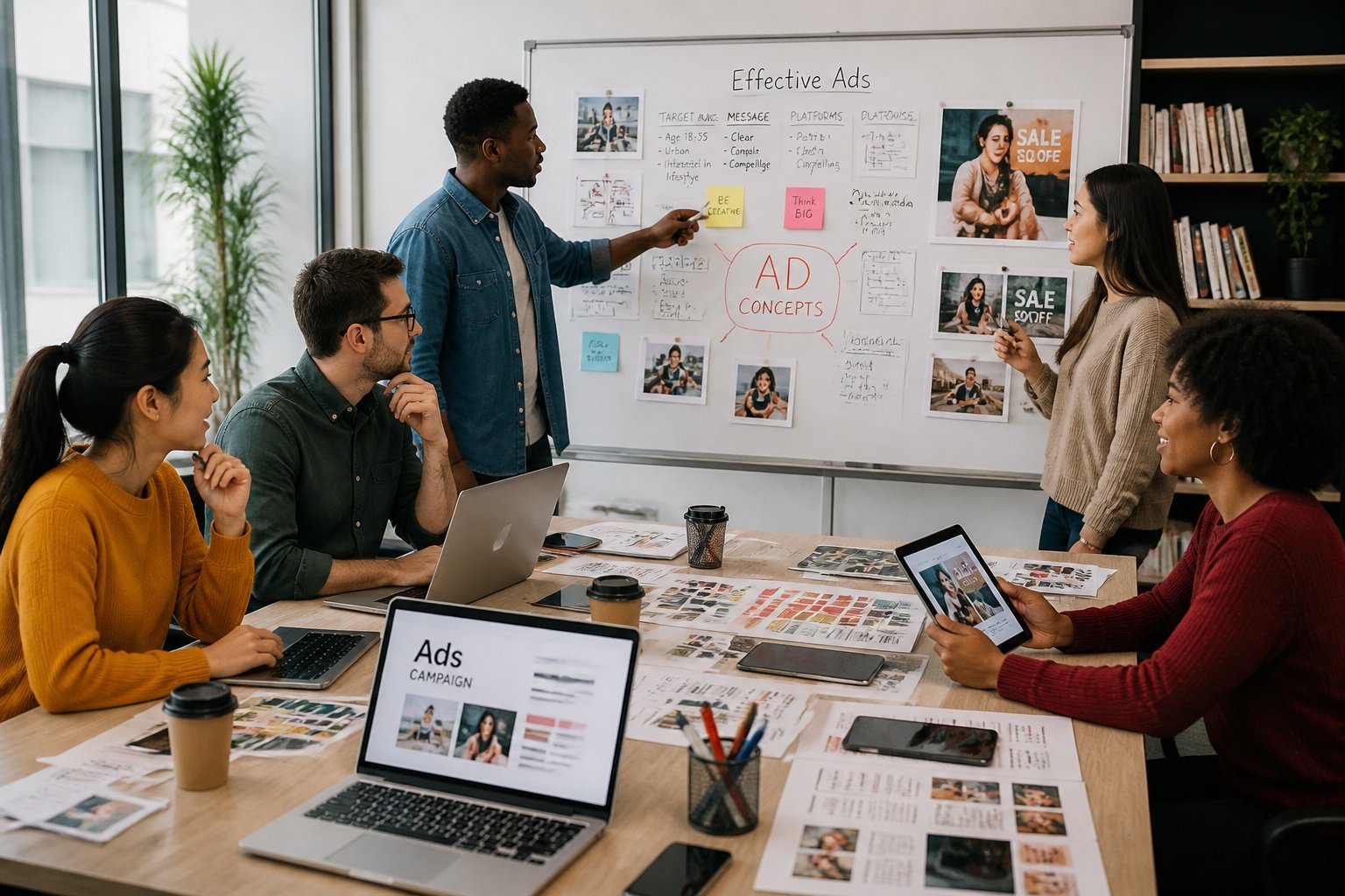 A group of marketing professionals collaborating around a table in a bright office with a whiteboard covered in sketches and notes about advertisements.
