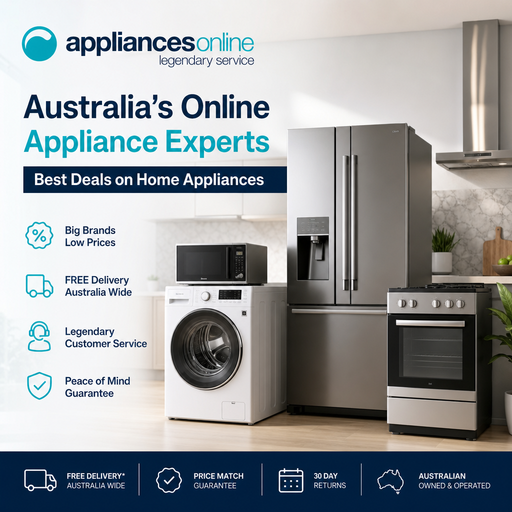 Appliances online Australia banner with home appliances, free delivery, and price match guarantee