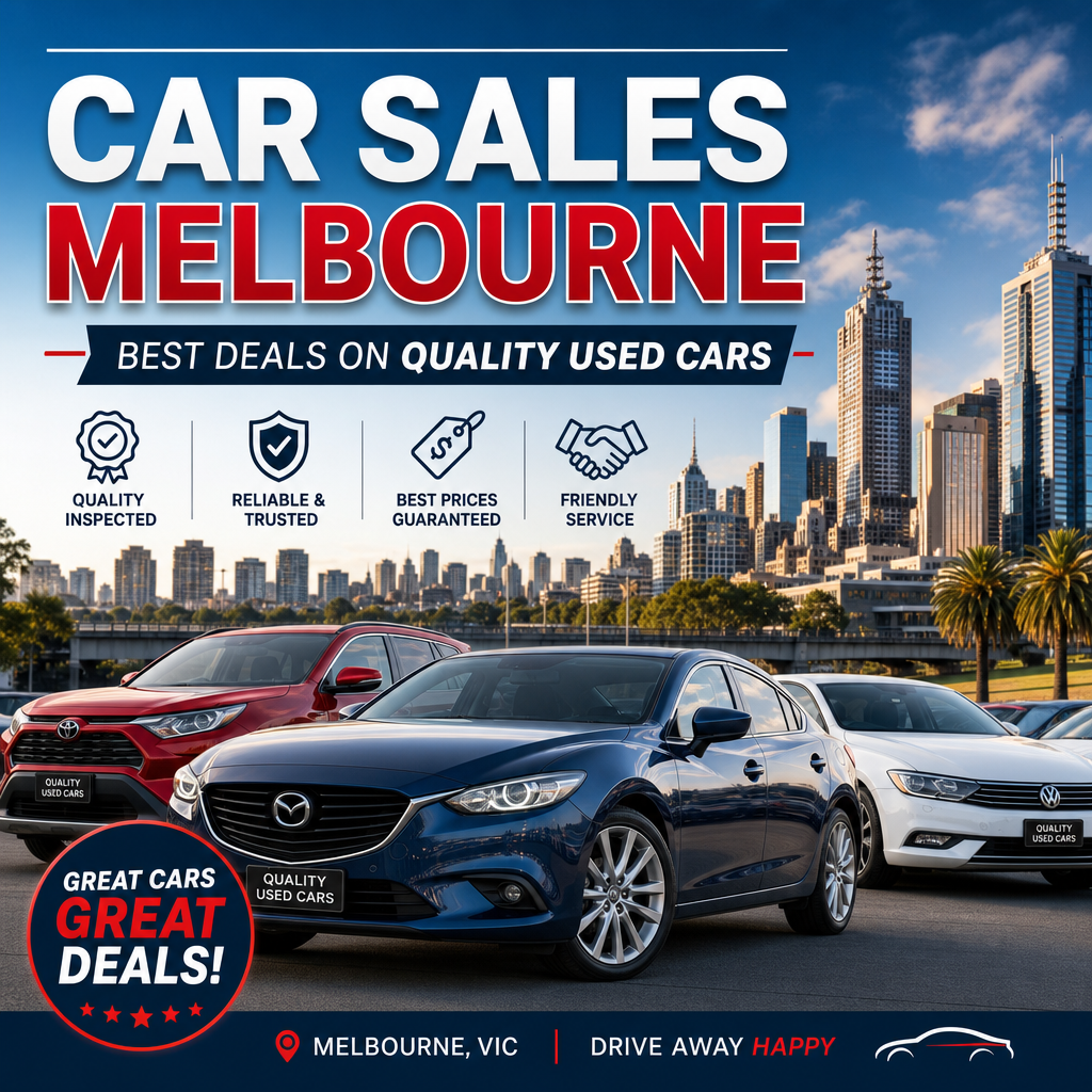 Car sales Melbourne used cars displayed with city skyline background