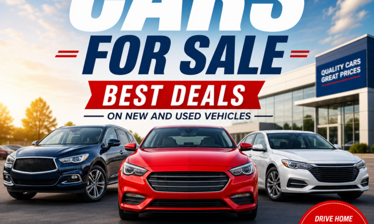 Cars for sale on a dealership lot with price signs and a promotional banner for a local classifieds vehicle guide