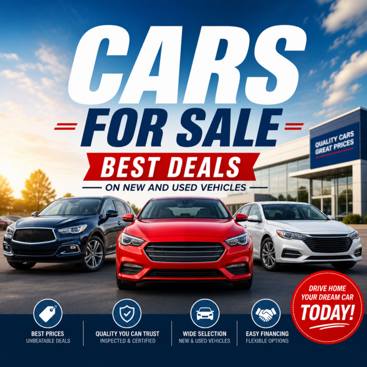 Cars for sale on a dealership lot with price signs and a promotional banner for a local classifieds vehicle guide