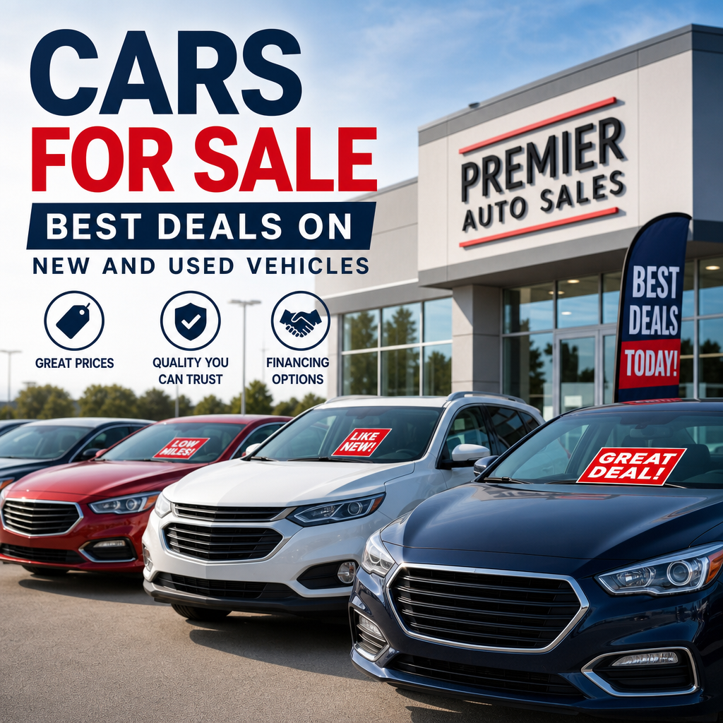 Premier Auto Sales lot with new and used cars for sale, showing great deals and financing options