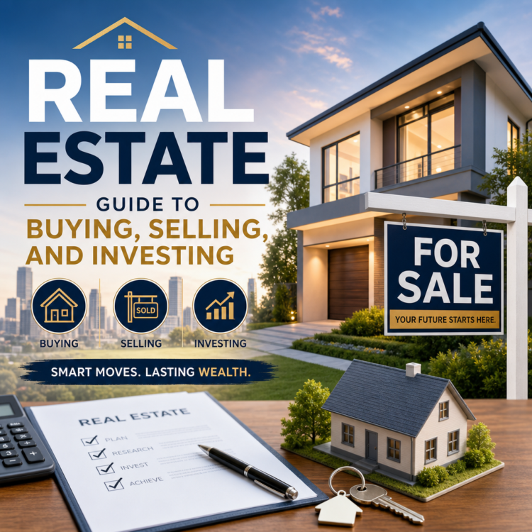 Modern family house with a red for sale sign on the front lawn overlaid with digital tablet graphics showing a real estate investment guide for an online housing marketplace update