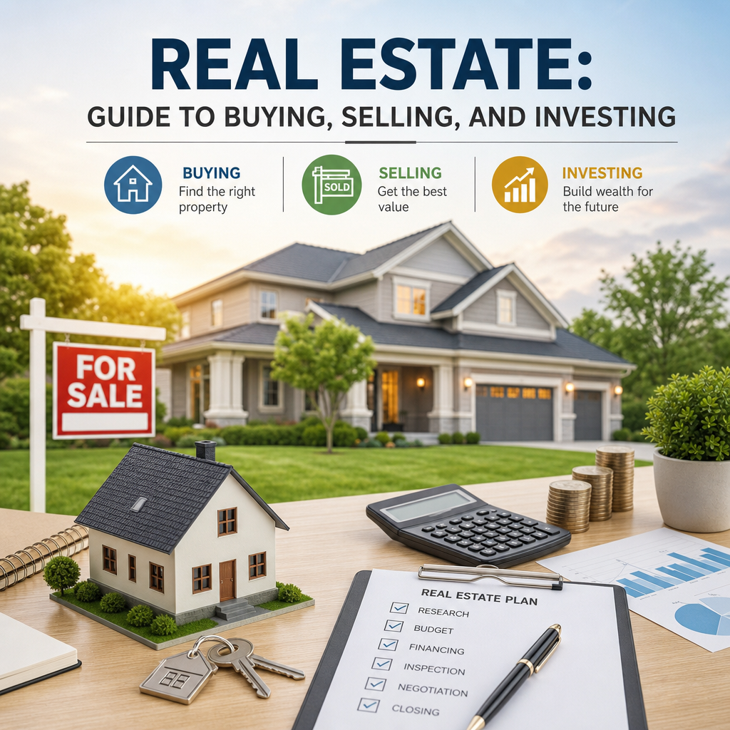 Real estate guide graphic with house, financial planning, and market tips for buying, selling, and investing