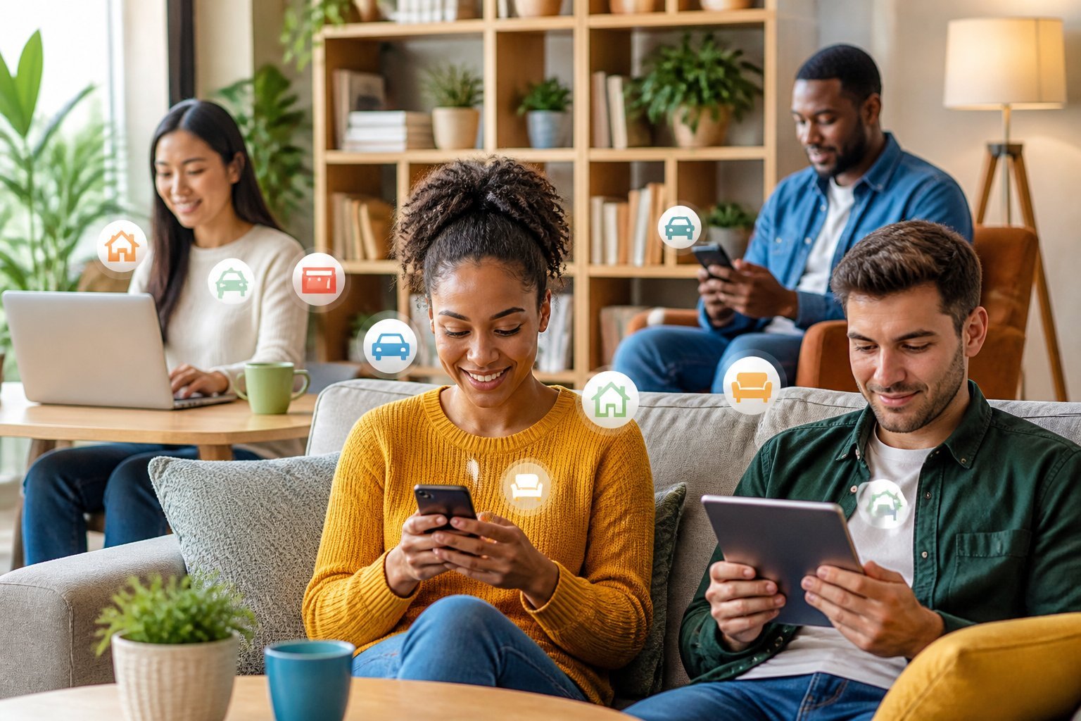 People using smartphones and laptops at home to browse and post local classified ads.