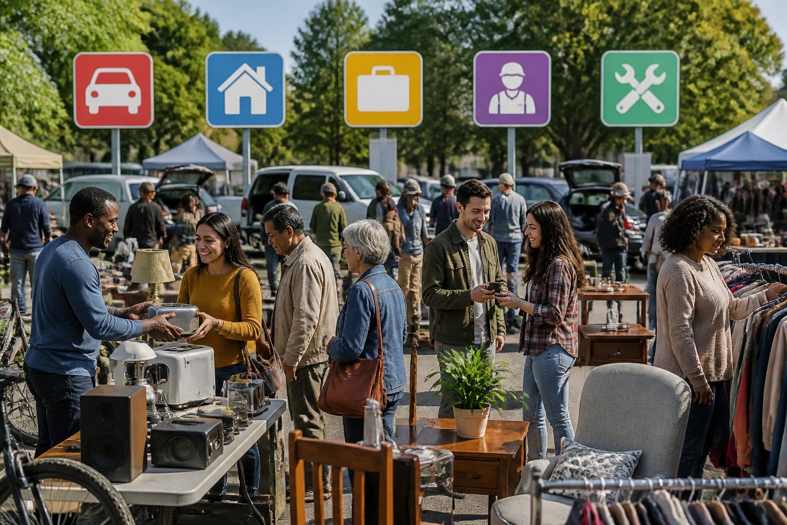 People browsing and selling various goods at an outdoor local market with colorful stalls and a lively community atmosphere.