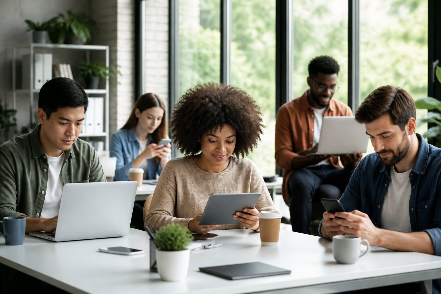 People using laptops and smartphones in a bright, modern workspace, engaging with online content.