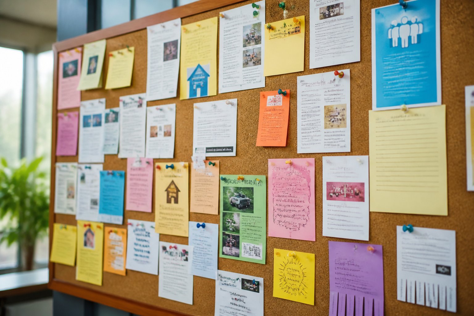 A bulletin board covered with various pinned want ads in an indoor setting.