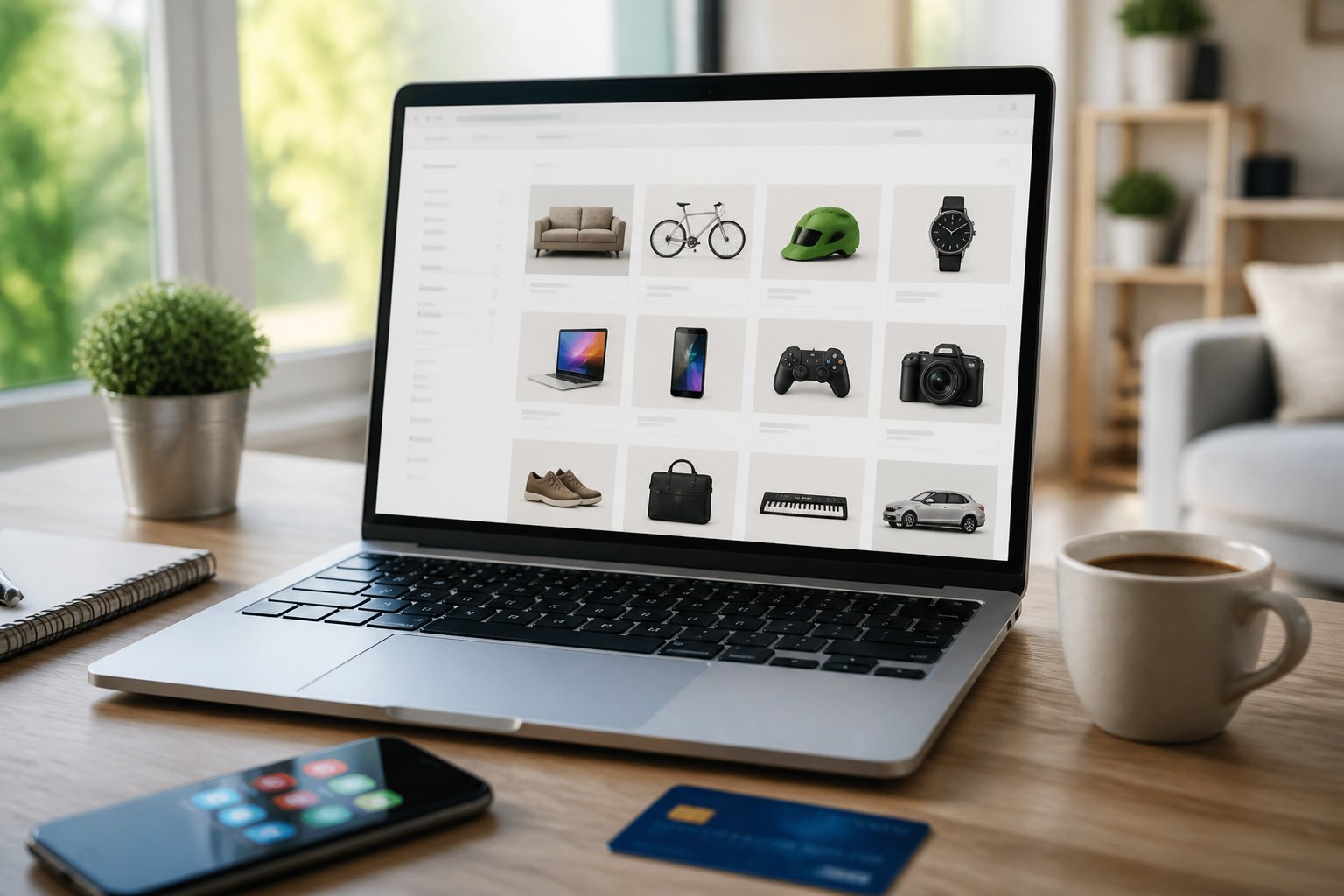 A laptop on a desk showing an online marketplace interface with a smartphone and a credit card nearby in a bright room.