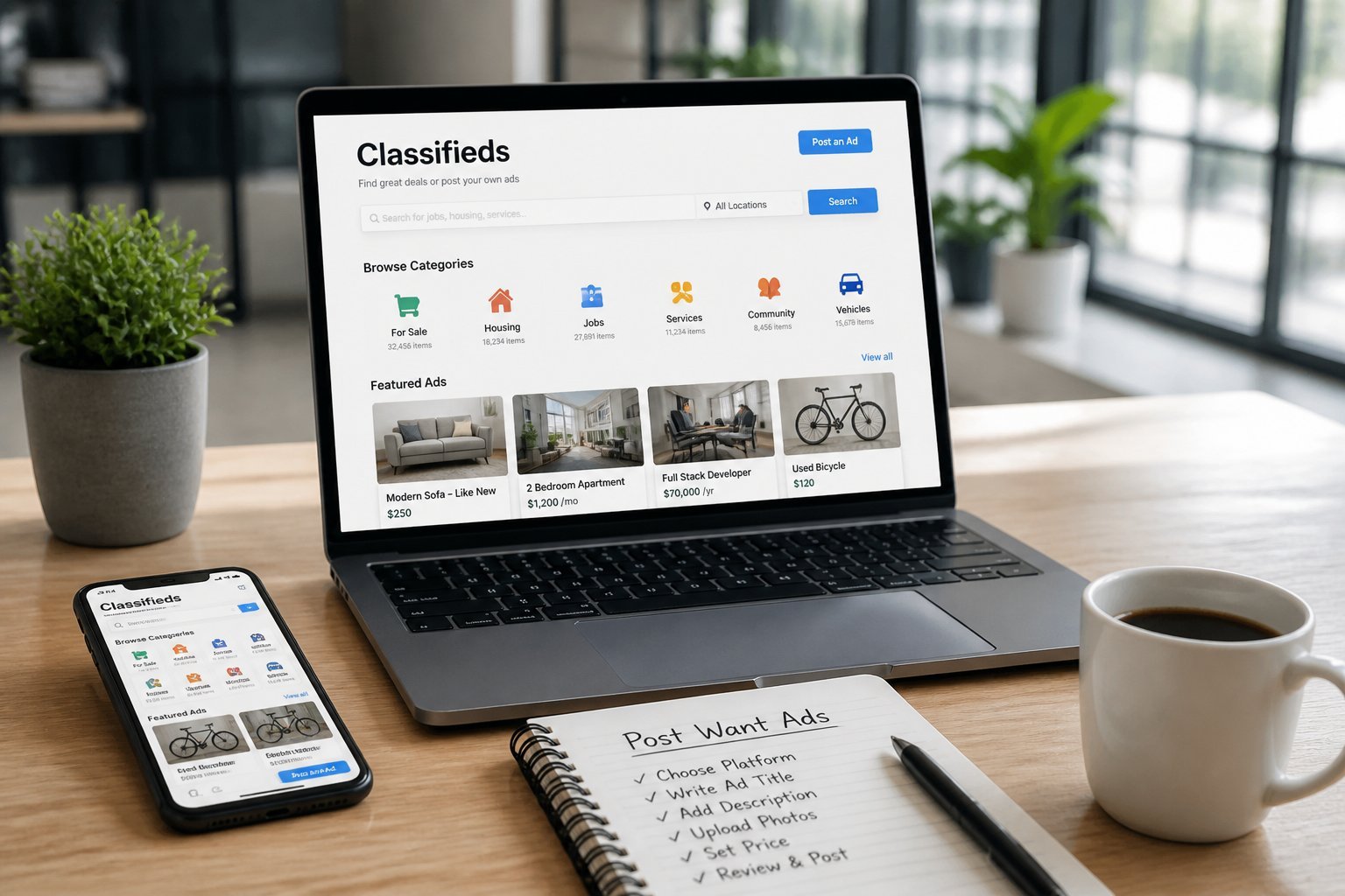A workspace with a laptop and smartphone displaying classifieds websites, a notepad, and a cup of coffee on a desk in a bright office.