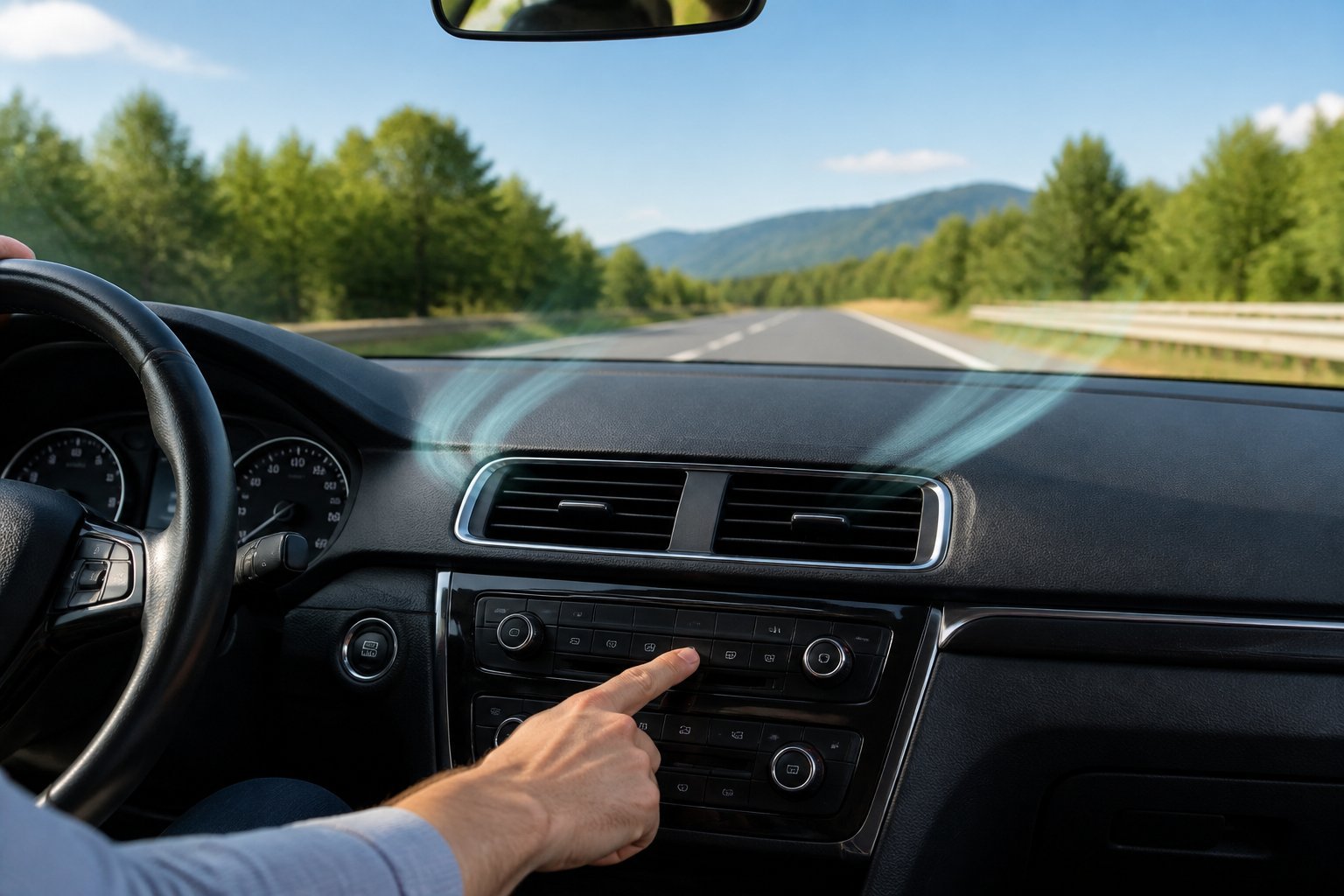 How to stop car from fogging up: adjusting the defrost control to clear the windshield.