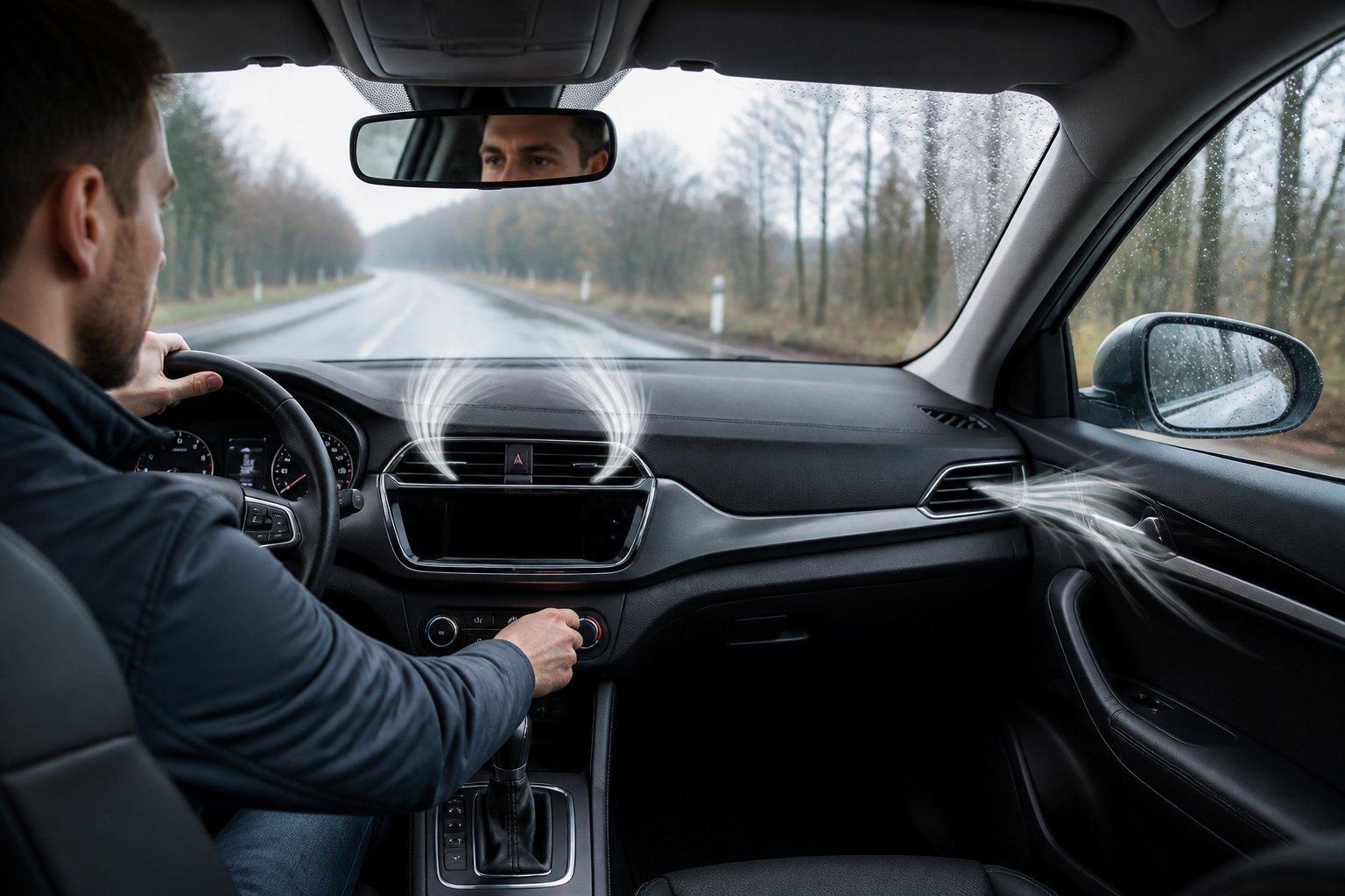 Interior of a modern car showing clear windows and a driver adjusting the climate controls to prevent fogging.