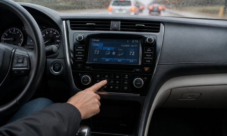 A person adjusting a car's climate controls to clear foggy windows while driving.