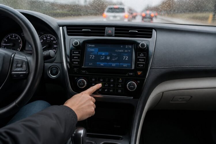 A person adjusting a car's climate controls to clear foggy windows while driving.