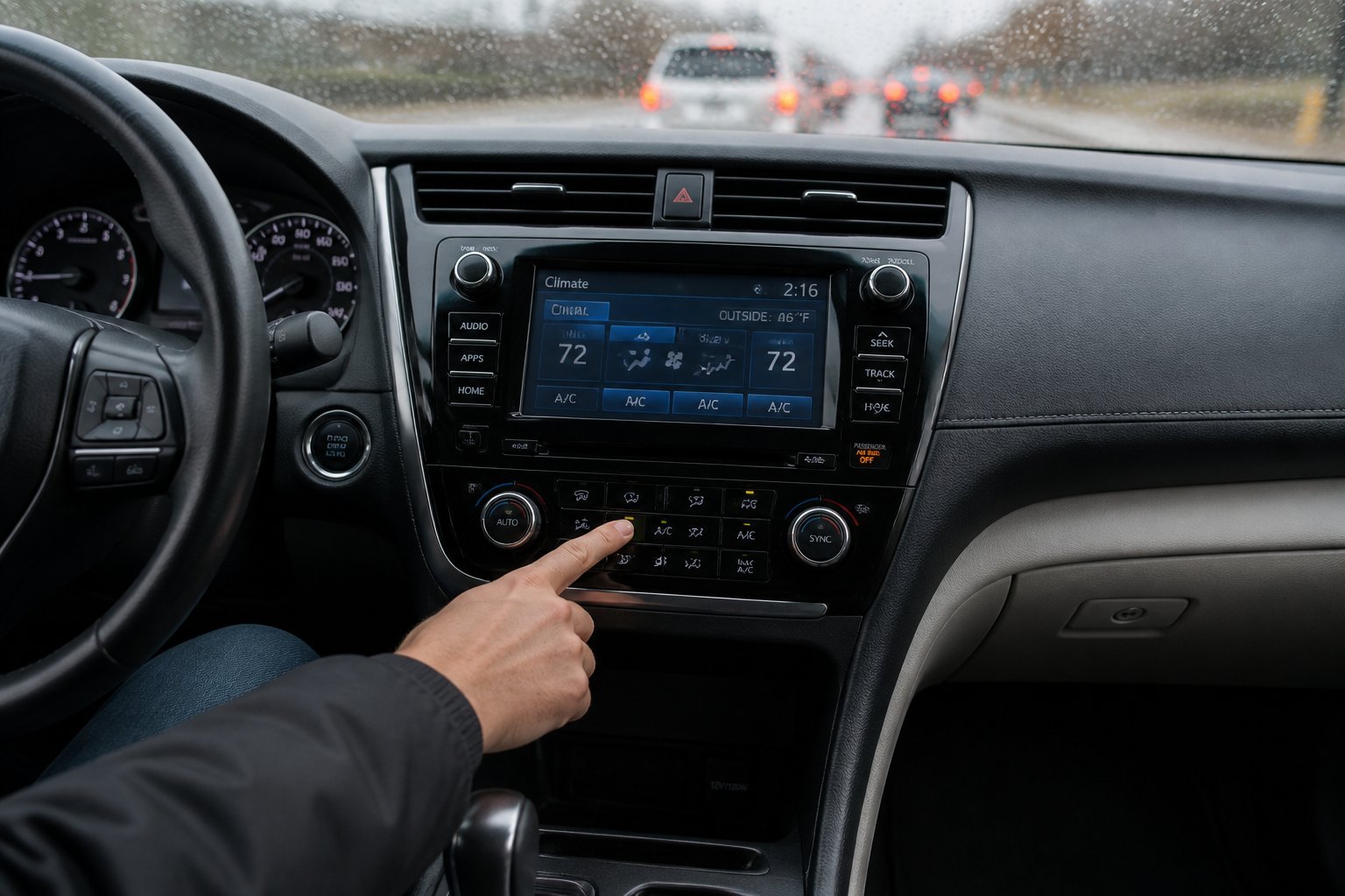 A person adjusting a car's climate controls to clear foggy windows while driving.