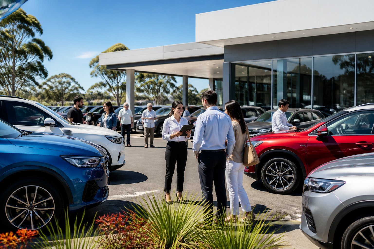 Customers and sales representatives interacting at a car dealership lot with various cars and a modern building in the background.