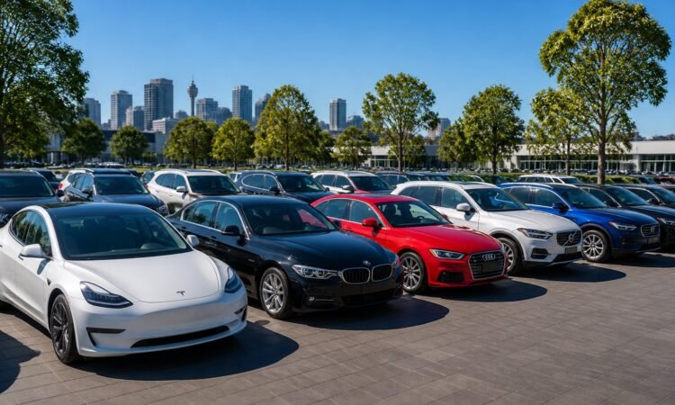 A car dealership lot in New South Wales displaying various types of new vehicles including sedans, SUVs, and hatchbacks under a clear blue sky.