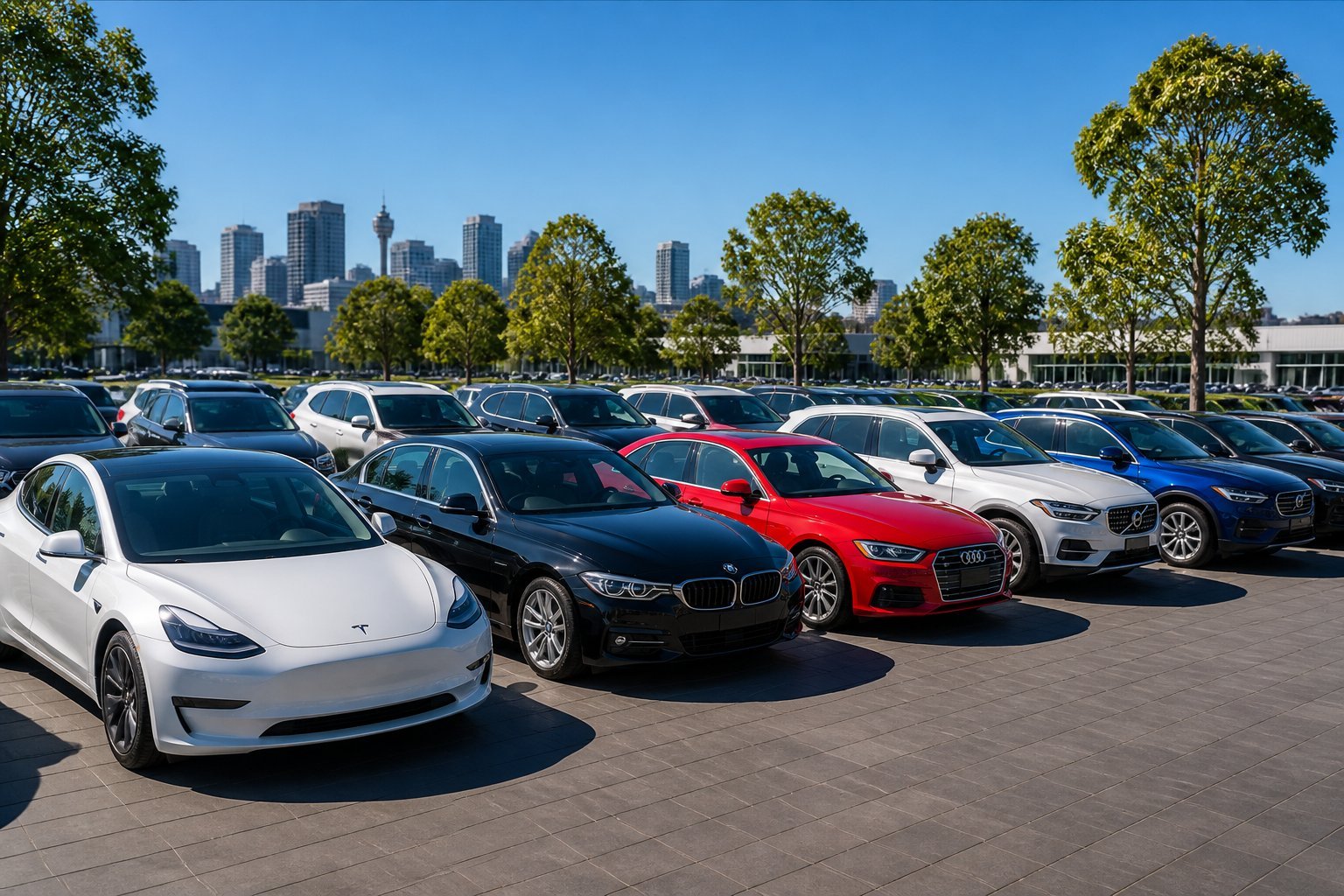 Car sales NSW dealership lot in New South Wales displaying various types of new vehicles including sedans, SUVs, and hatchbacks under a clear blue sky.