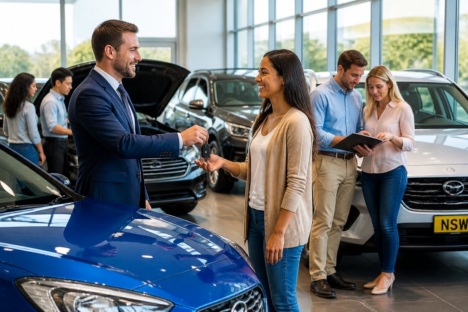 People at a car dealership in New South Wales inspecting cars and completing a car purchase.