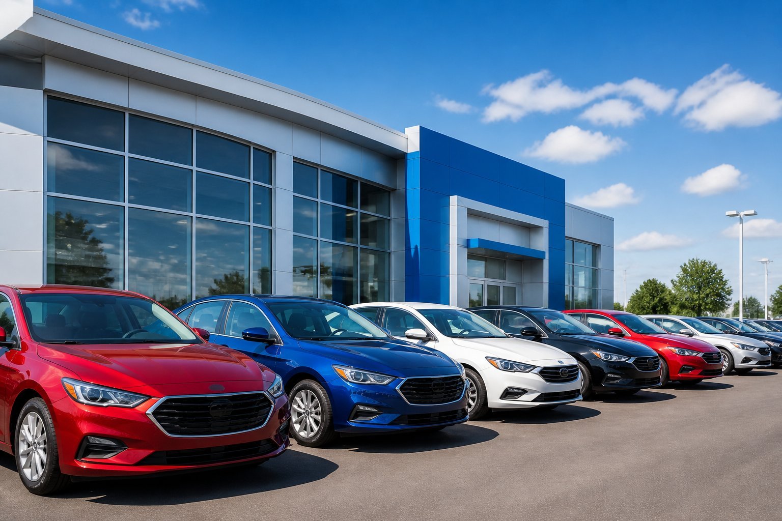 Cars for sale at a dealership lot, with several new cars parked in rows under a clear blue sky.