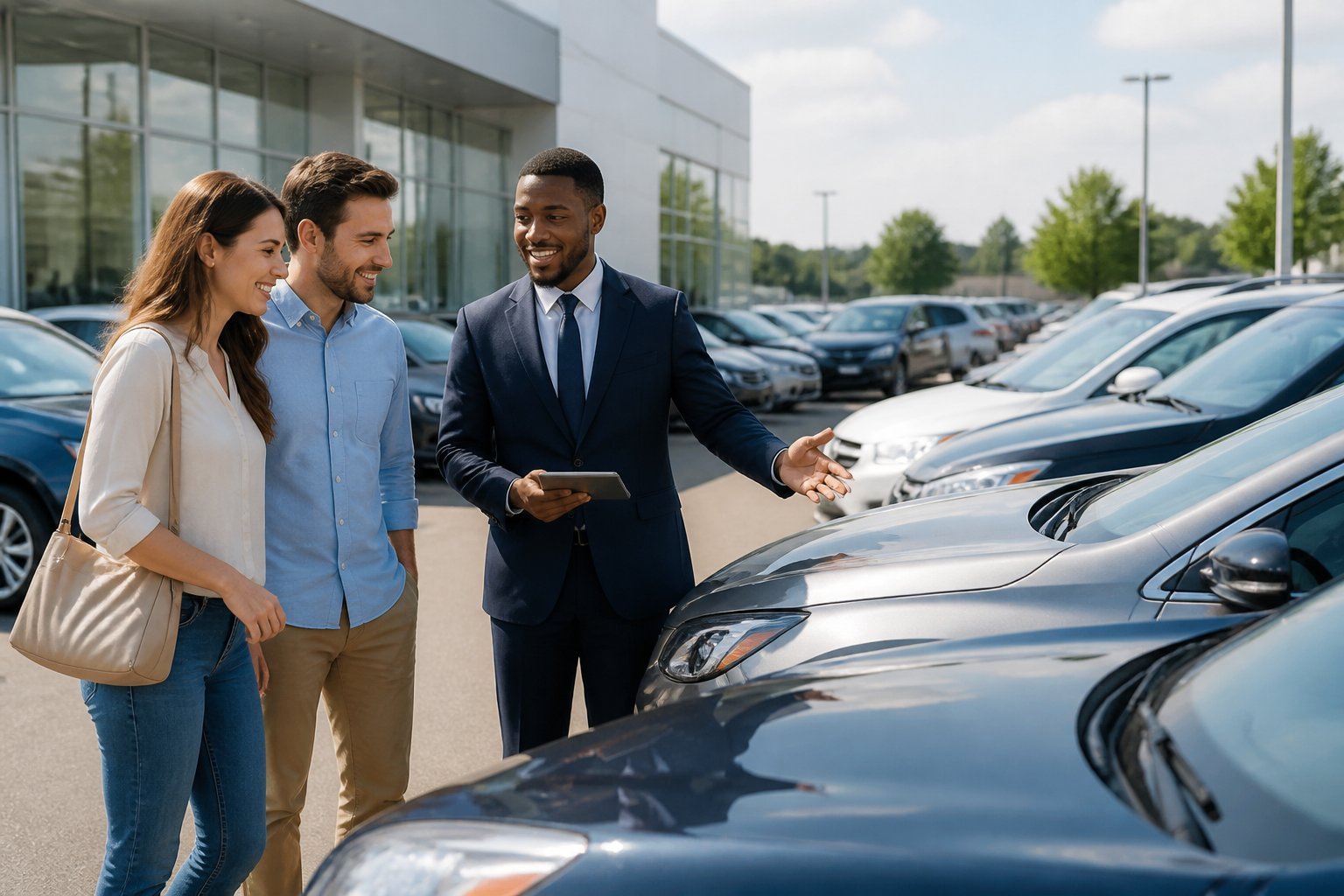 People looking at new and used cars at a car dealership lot with a salesperson nearby.