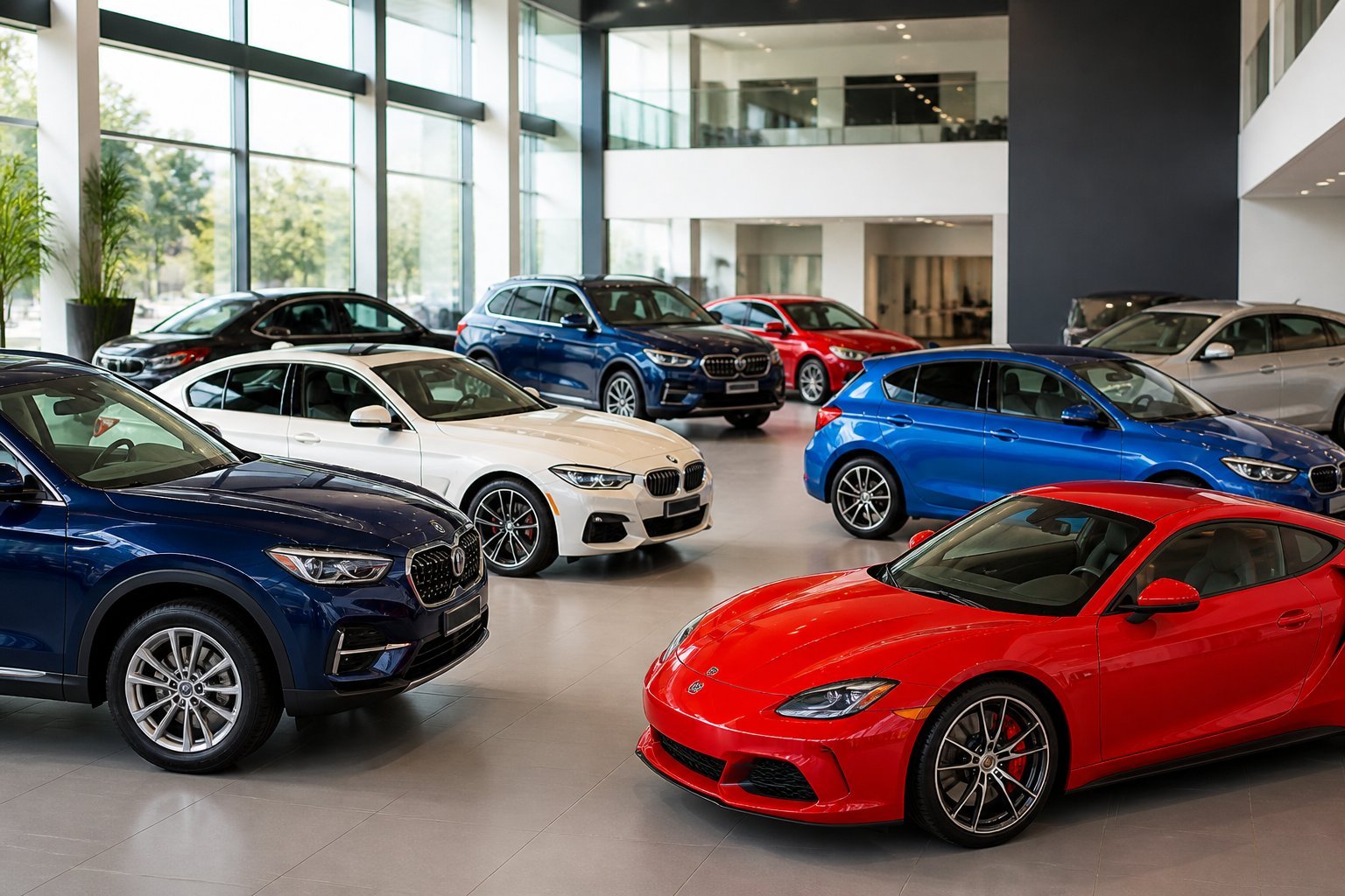 A variety of cars including sedans, SUVs, hatchbacks, and sports cars displayed in a bright, modern showroom.