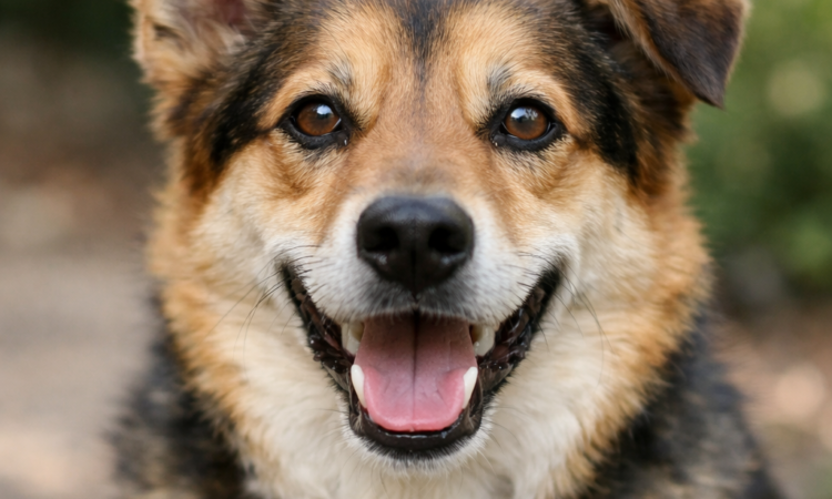 Happy dog photographed at eye level for pet adoption ad example