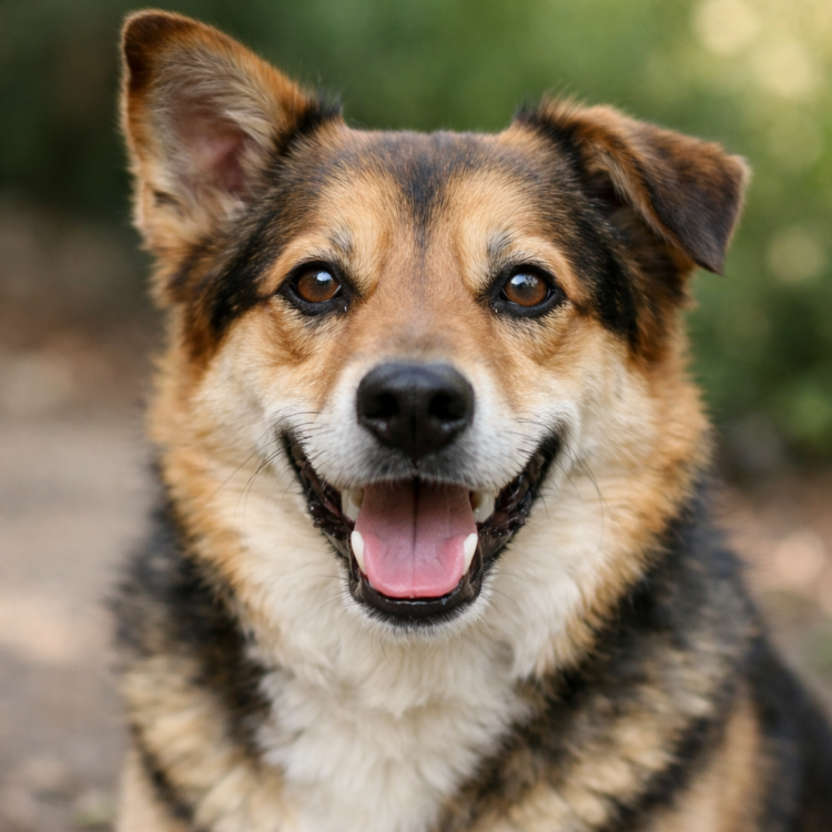 Happy dog photographed at eye level for pet adoption ad example