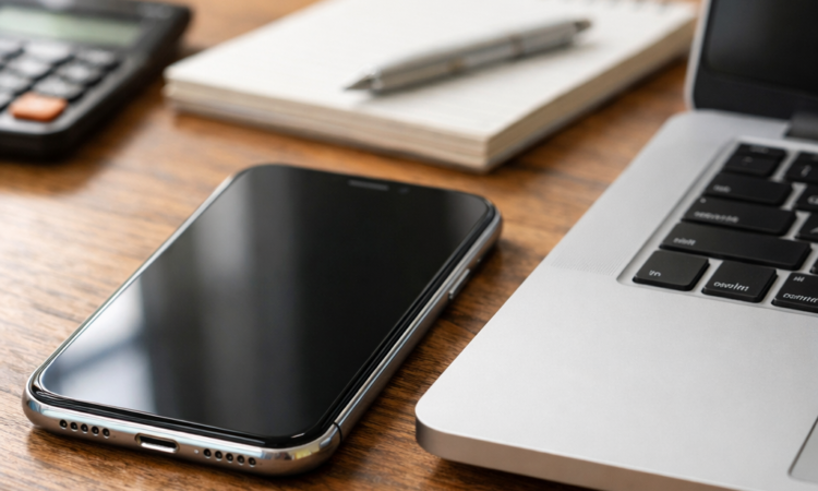 Used electronics including smartphone and laptop on table for pricing and resale