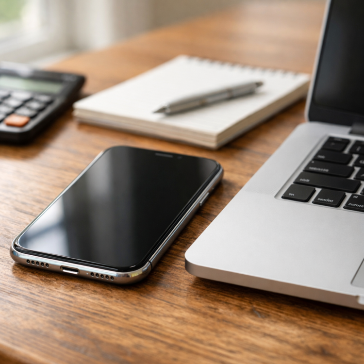 Used electronics including smartphone and laptop on table for pricing and resale