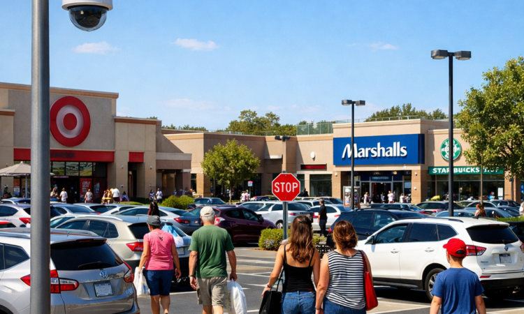 Busy public shopping center parking lot as a safe meeting spot for online sales transactions