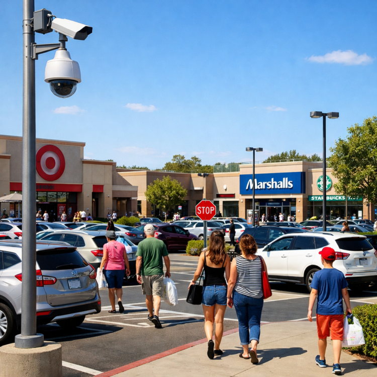 Busy public shopping center parking lot as a safe meeting spot for online sales transactions