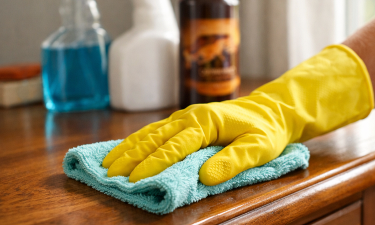 Person cleaning wooden furniture with cloth and supplies to prepare for selling online