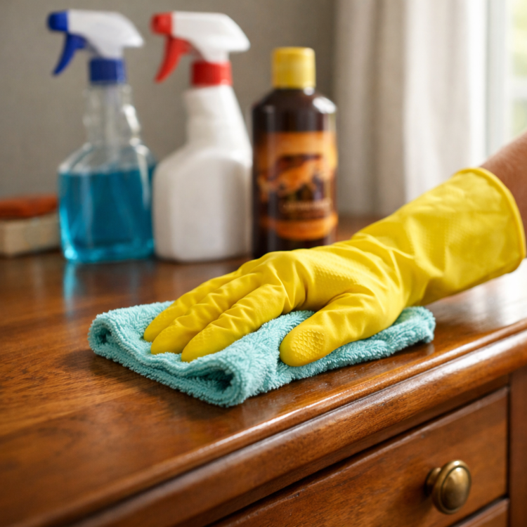 Person cleaning wooden furniture with cloth and supplies to prepare for selling online